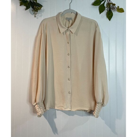 Chenault Womens XL Beige Long Sleeve Button-Up Blouse With Smocked Cuffs - Picture 12 of 12